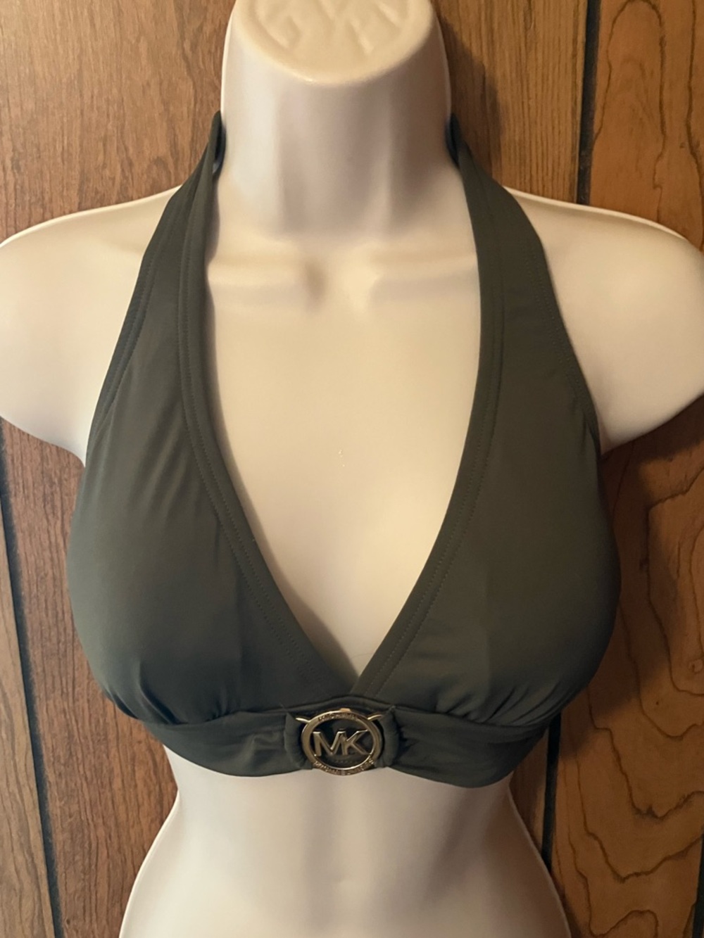 Michael Kors Olive Halter Swim Top with Branded Hardware
